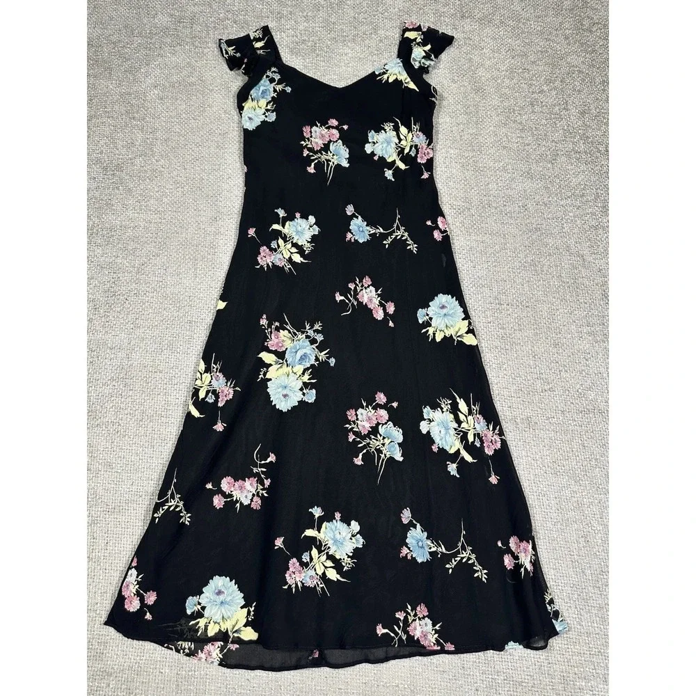 Vtg 90s Evan Picone Dress Womens 10 Petite Black Floral Whimsigoth‎ Dark Fairy